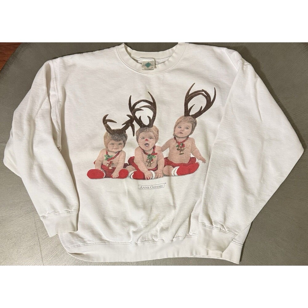 Vintage 90s Anne Geddes Christmas Reindeer Babies Sweatshirt White XL Champ